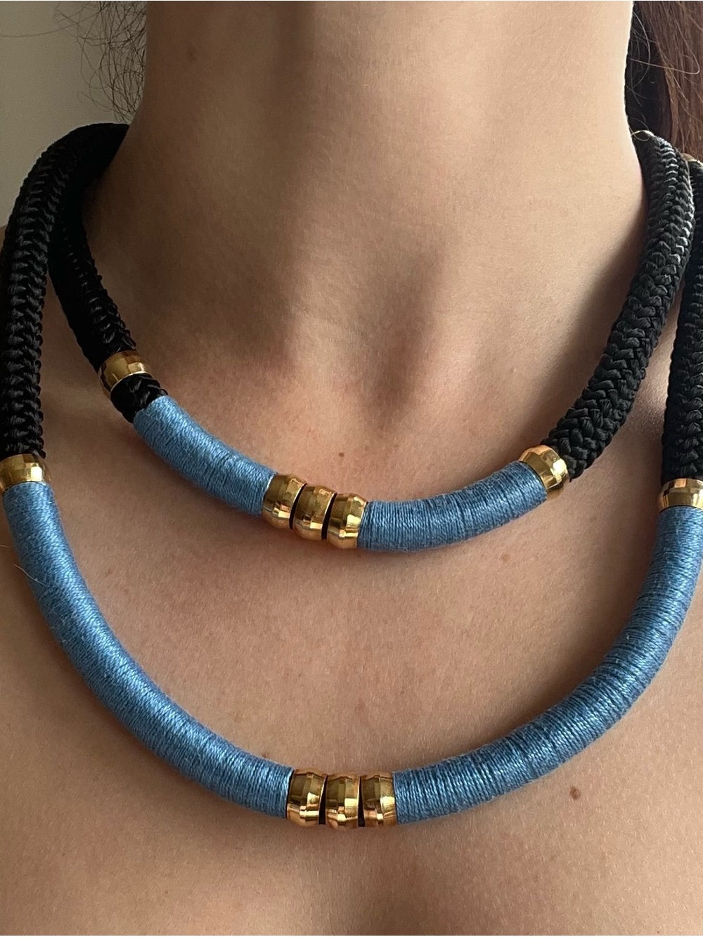 Blue Wrapped Cord Necklace with Gold Accents
